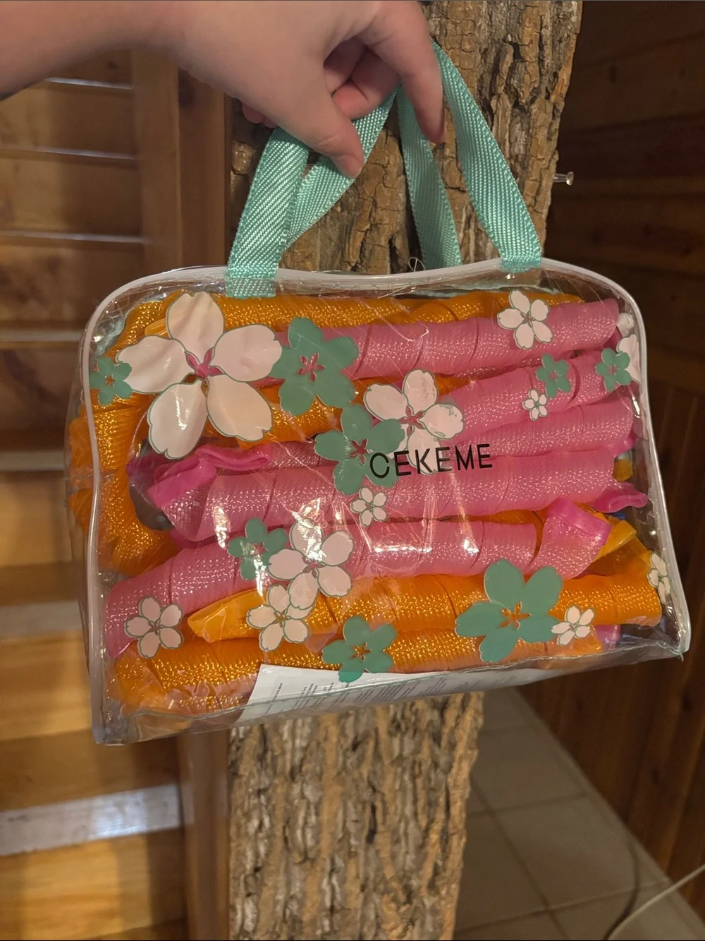 Clear Floral Tote Bag - Pink & Orange curlers